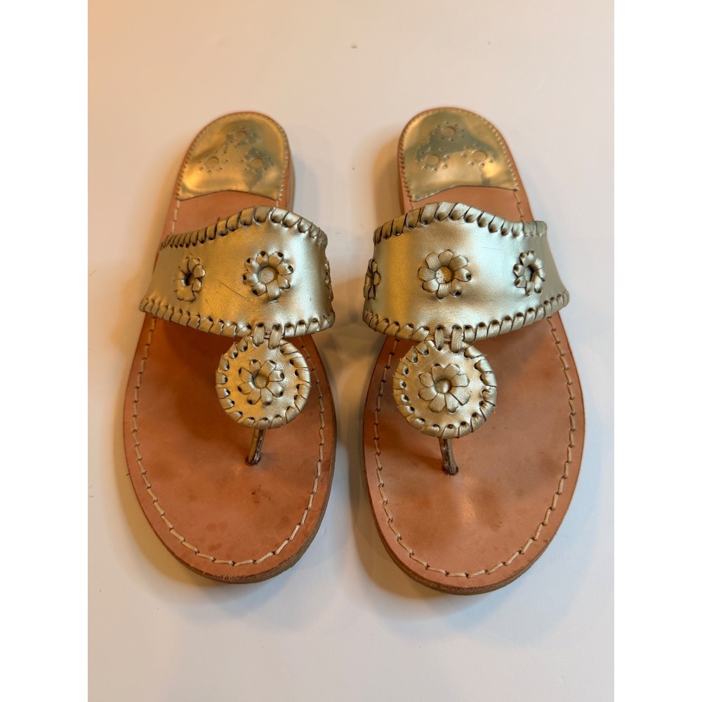 Jack Rogers Jacks Flat Sandals Gold Metallic Leather Whipstitch Thong Size 8.5
